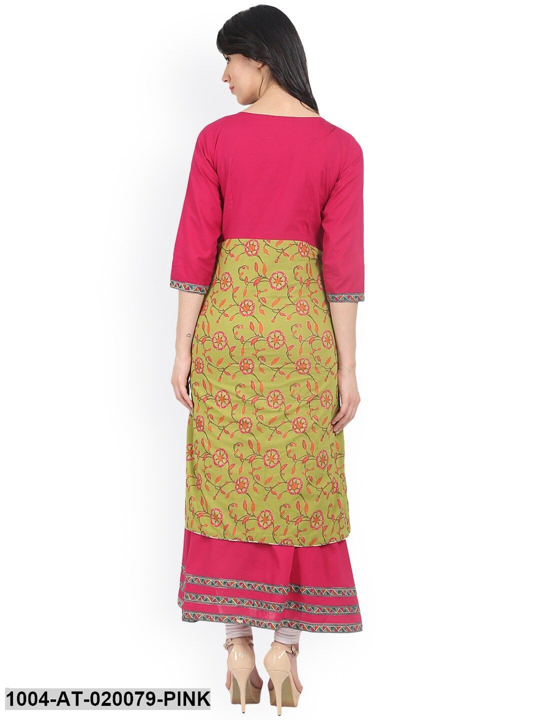 Pink & Green Printed A-Line Kurta