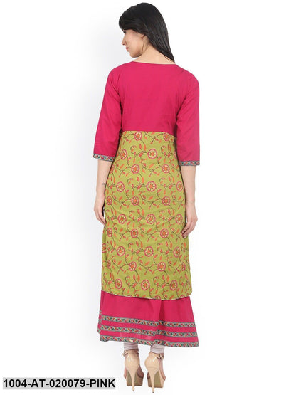 Pink & Green Printed A-Line Kurta