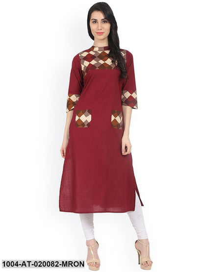 Maroon Printed Straight Kurta