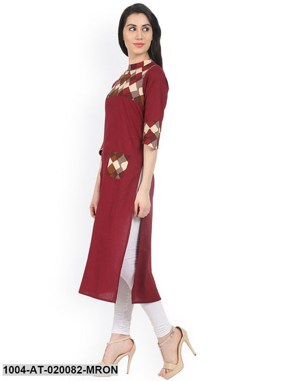 Maroon Printed Straight Kurta
