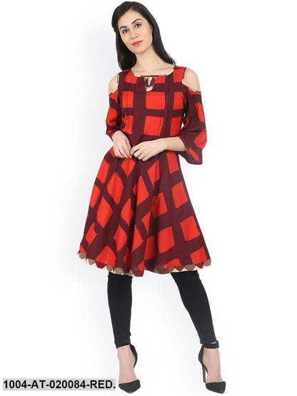 Red & Brown Checked A-Line Kurta