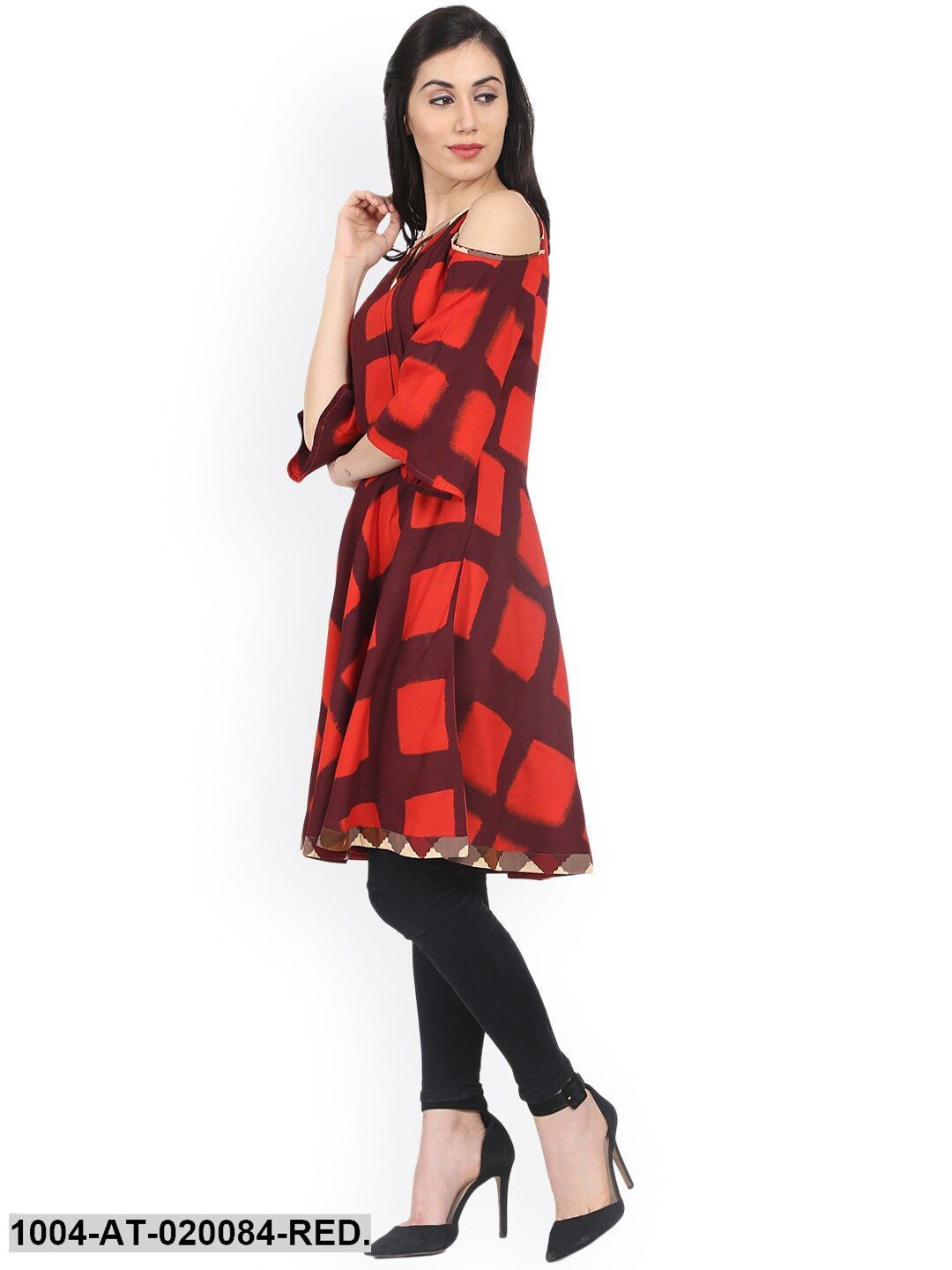 Red & Brown Checked A-Line Kurta