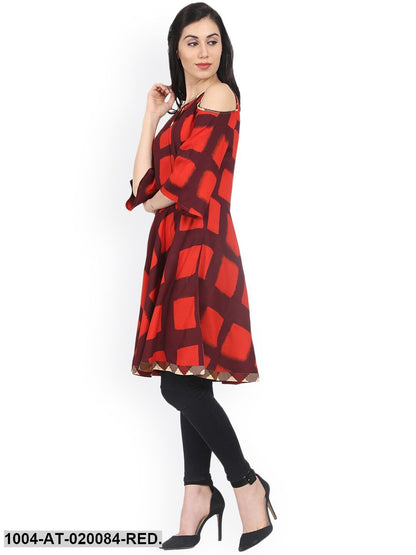 Red & Brown Checked A-Line Kurta