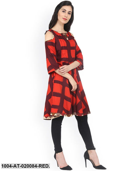 Red & Brown Checked A-Line Kurta