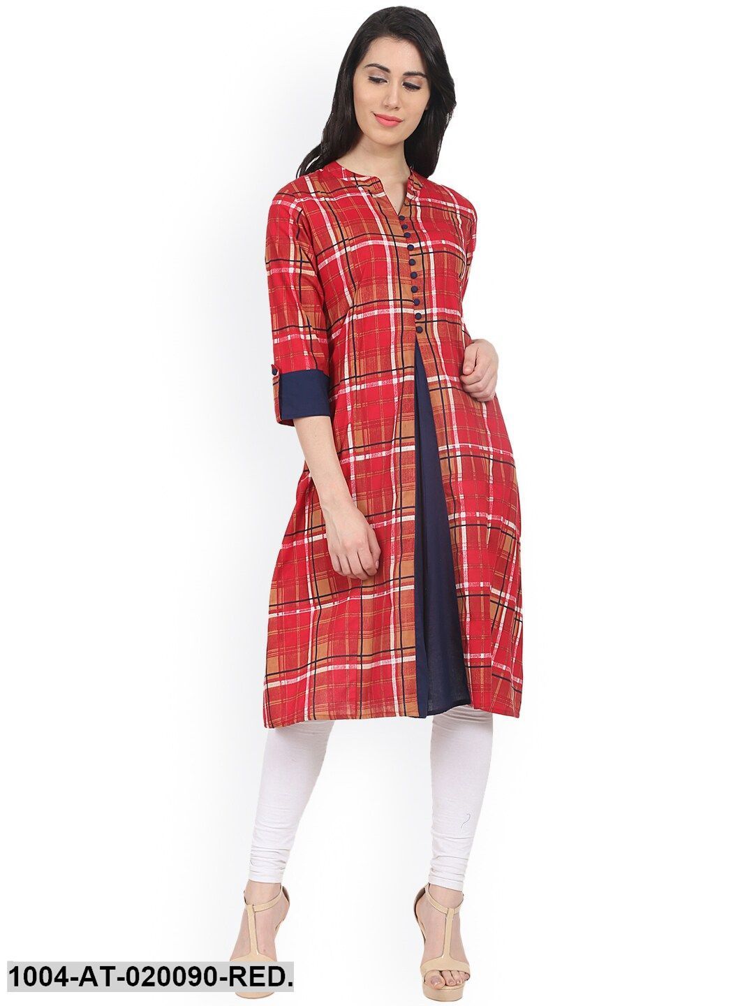 Red & Orange Checked A-Line Kurta