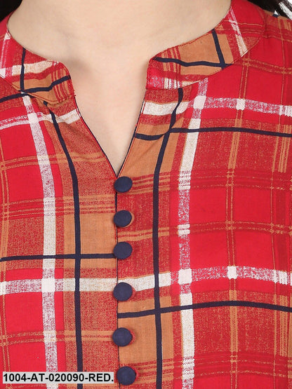 Red & Orange Checked A-Line Kurta