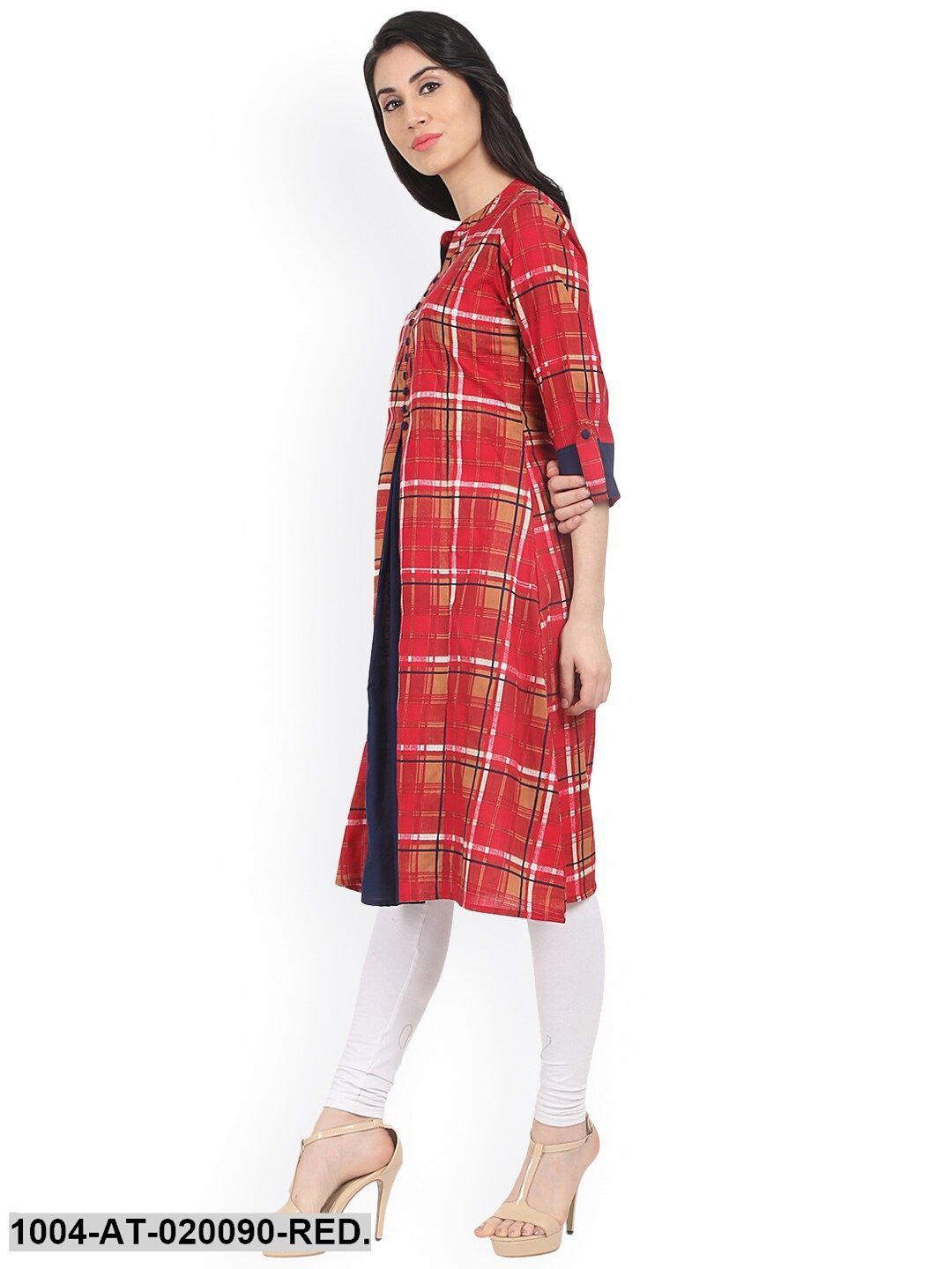 Red & Orange Checked A-Line Kurta