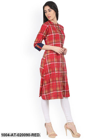 Red & Orange Checked A-Line Kurta