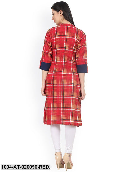 Red & Orange Checked A-Line Kurta