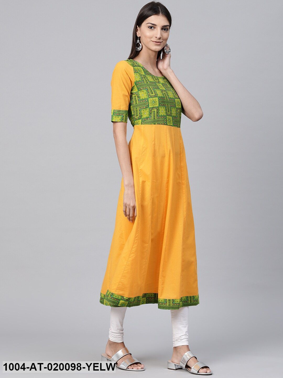 Yellow & Green Yoke Design Anarkali Kurta