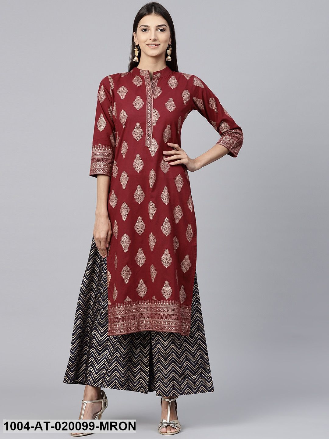 Maroon & Golden Printed Straight Kurta