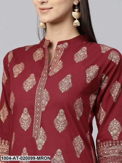 Maroon & Golden Printed Straight Kurta