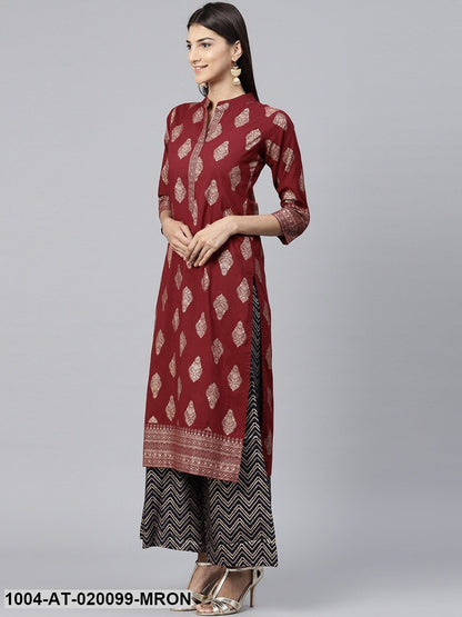 Maroon & Golden Printed Straight Kurta