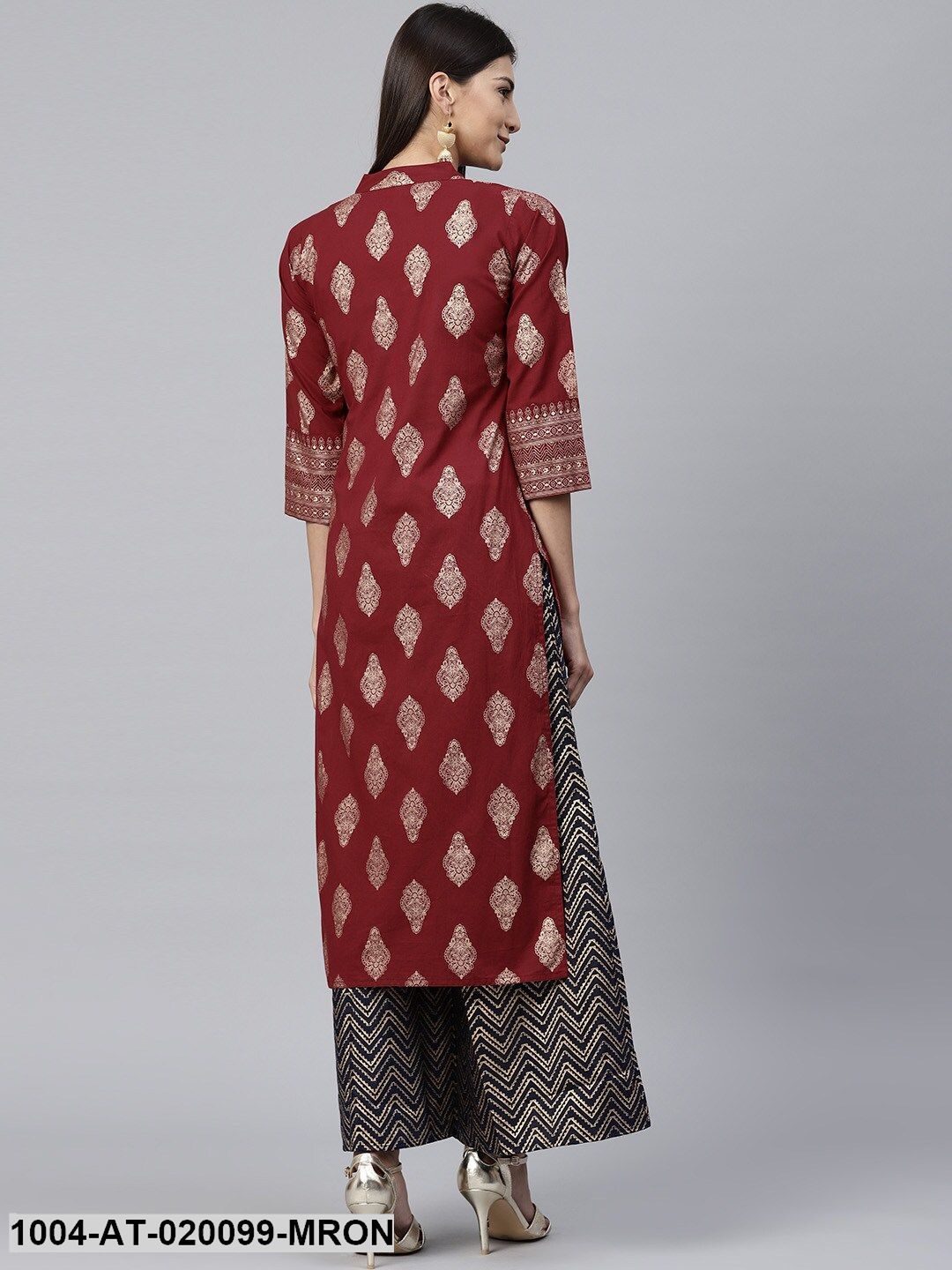 Maroon & Golden Printed Straight Kurta