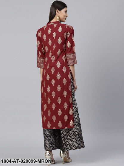 Maroon & Golden Printed Straight Kurta