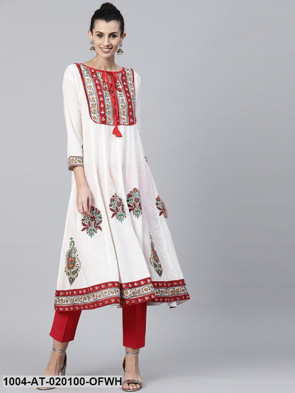 Off-White & Red Printed Anarkali Kurta