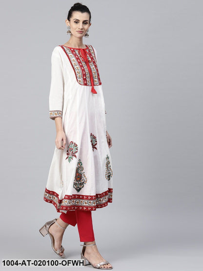 Off-White & Red Printed Anarkali Kurta