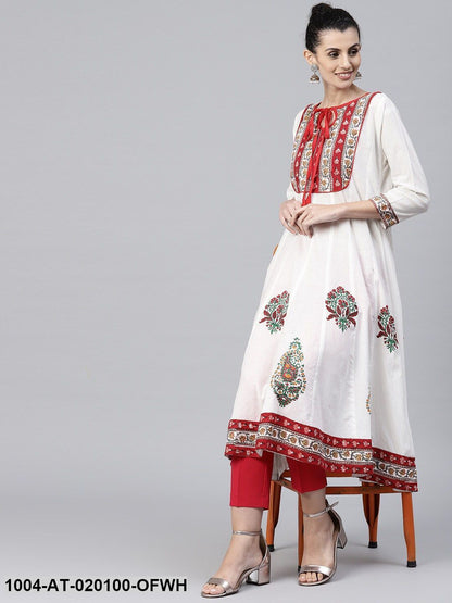 Off-White & Red Printed Anarkali Kurta
