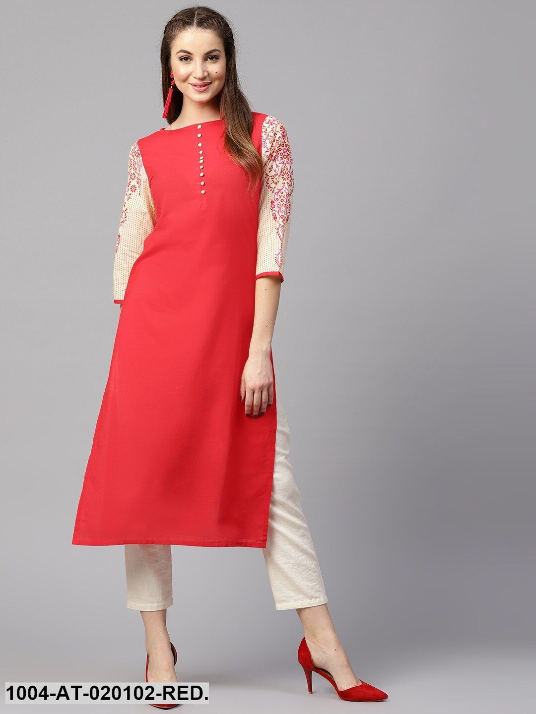 Red & Beige Solid Straight Kurta