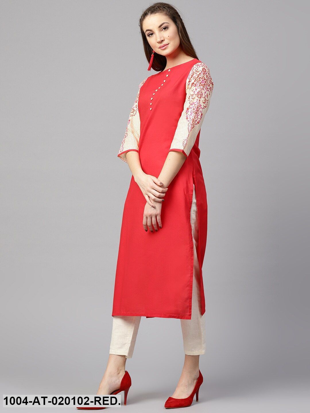 Red & Beige Solid Straight Kurta