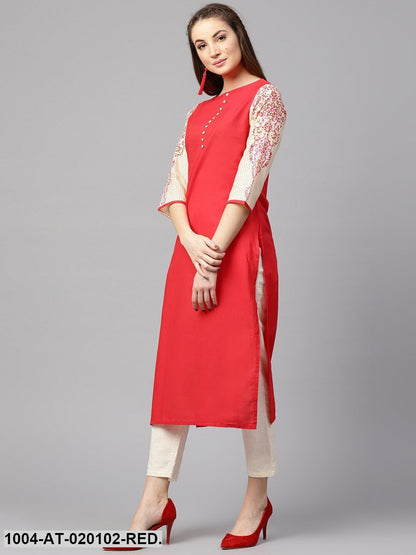 Red & Beige Solid Straight Kurta