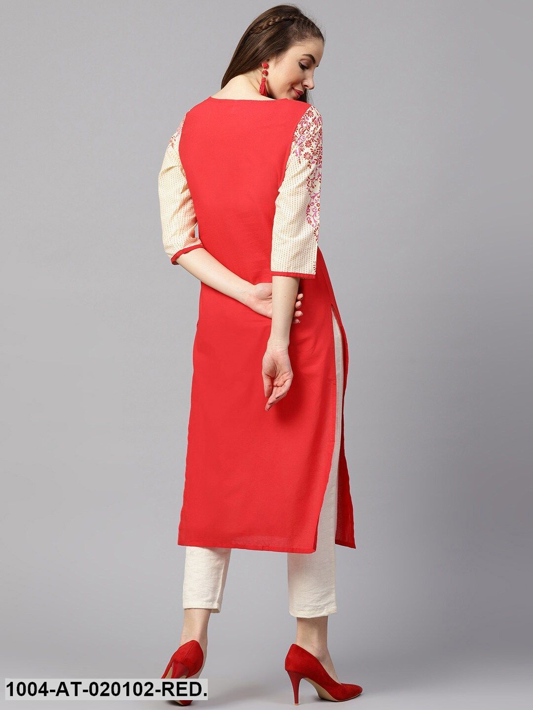 Red & Beige Solid Straight Kurta