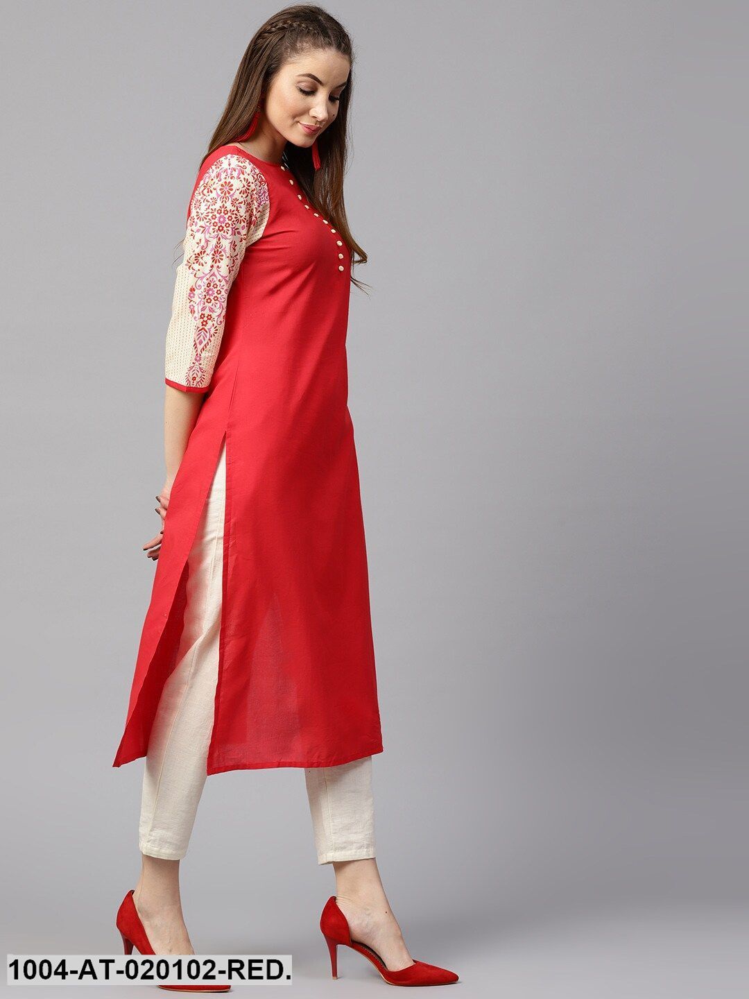 Red & Beige Solid Straight Kurta