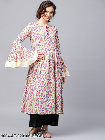 Beige & Purple Printed A-Line Kurta
