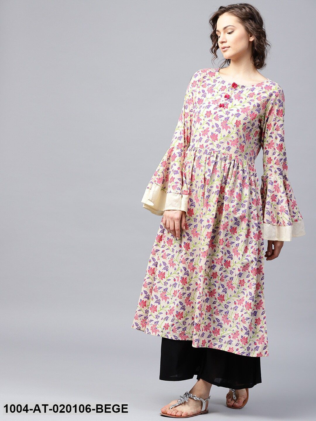 Beige & Purple Printed A-Line Kurta