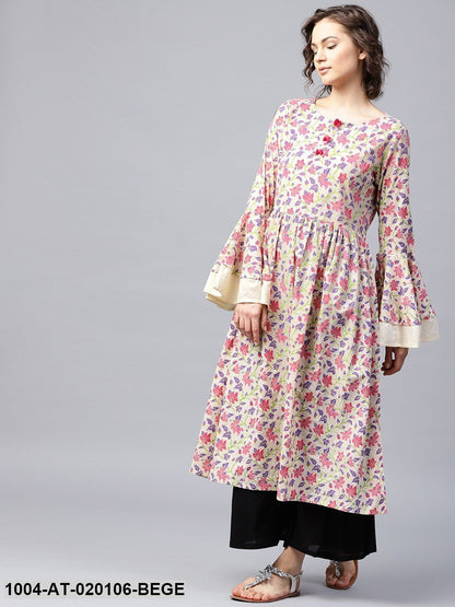 Beige & Purple Printed A-Line Kurta