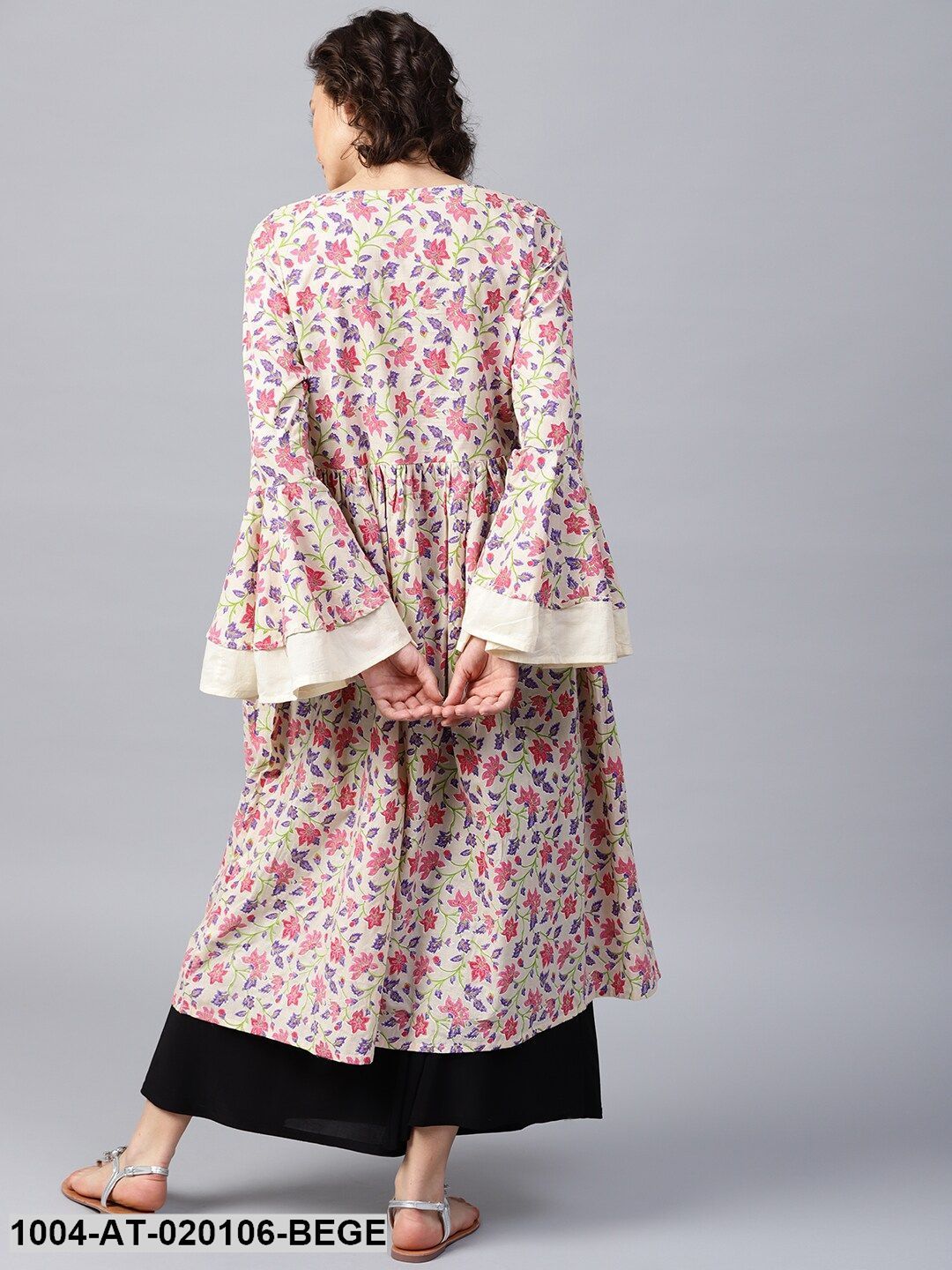 Beige & Purple Printed A-Line Kurta