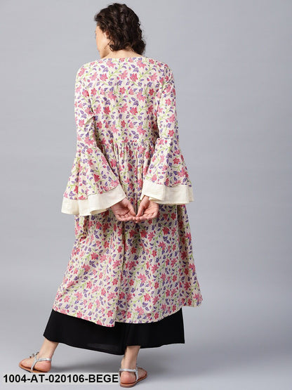 Beige & Purple Printed A-Line Kurta