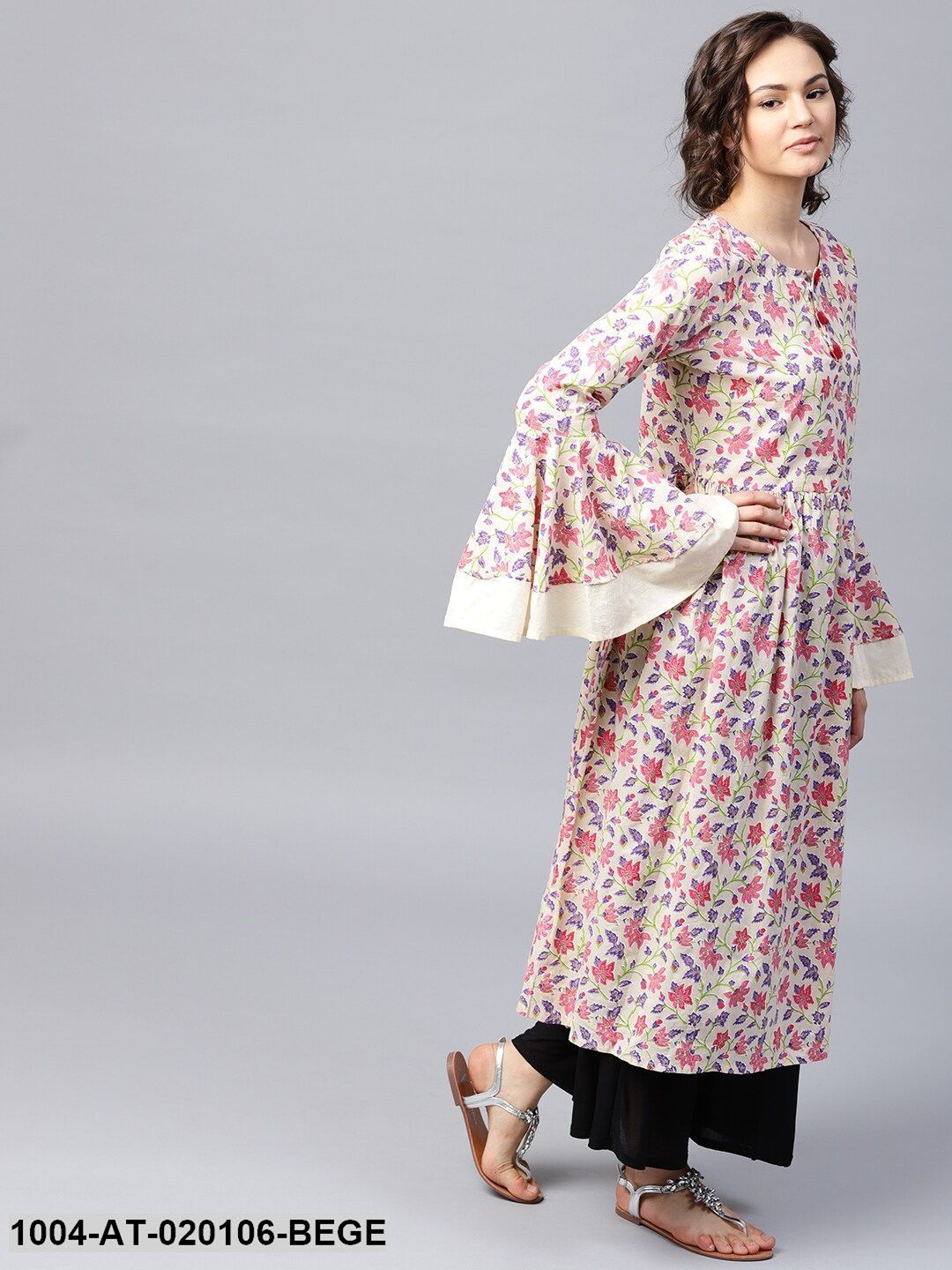 Beige & Purple Printed A-Line Kurta