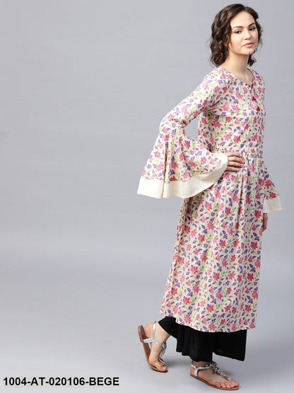 Beige & Purple Printed A-Line Kurta