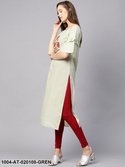 Green Printed Straight Kurta