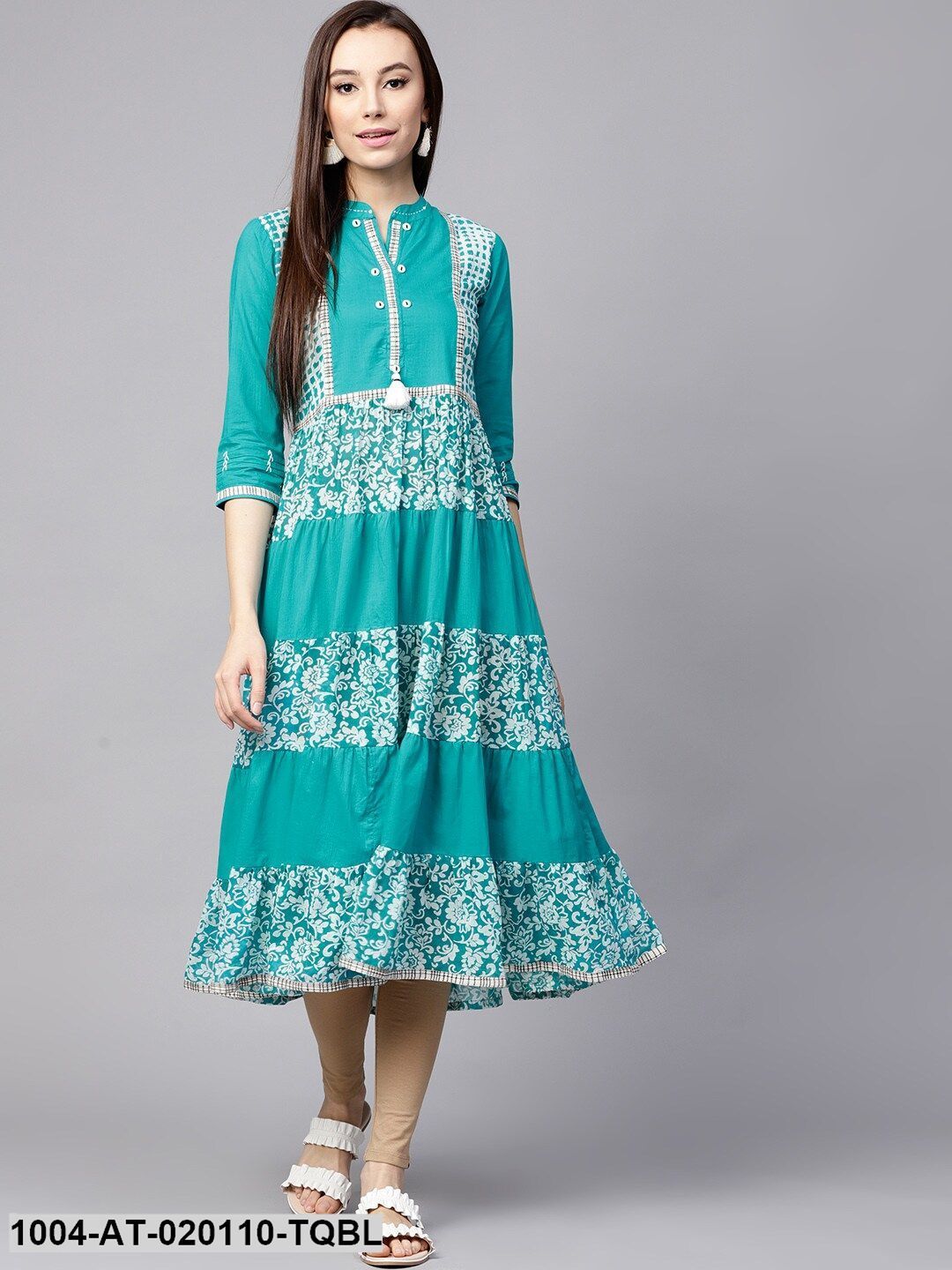 Turquoise Blue Printed Tiered Anarkali Kurta