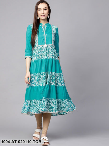 Turquoise Blue Printed Tiered Anarkali Kurta