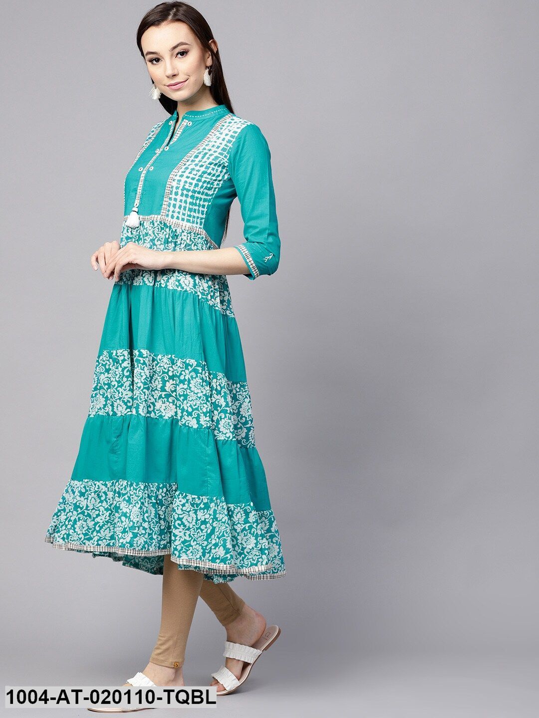 Turquoise Blue Printed Tiered Anarkali Kurta