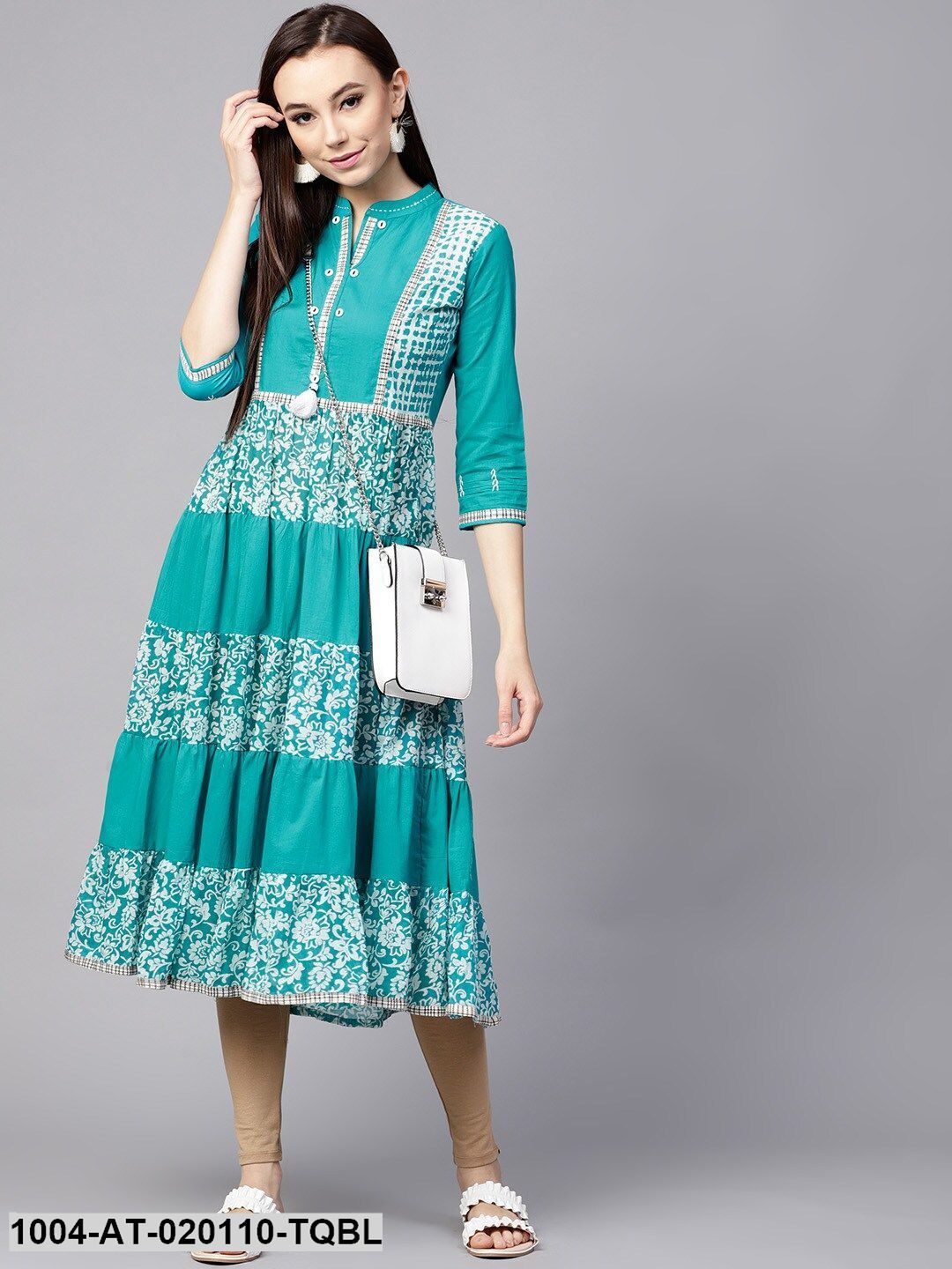 Turquoise Blue Printed Tiered Anarkali Kurta