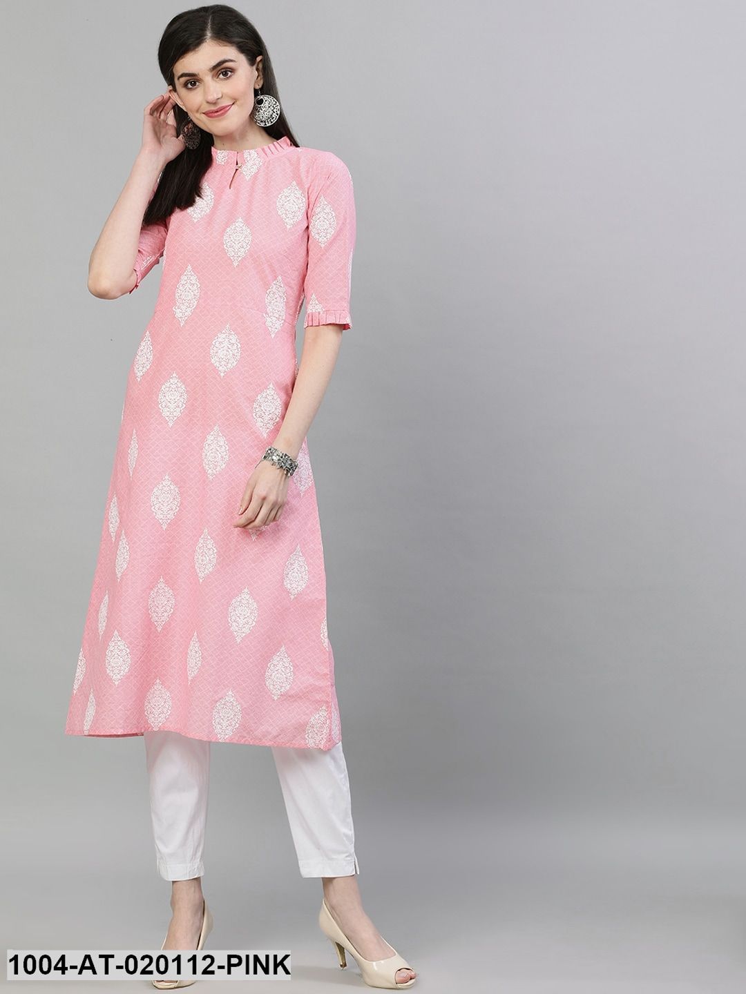 Pink & White Printed Straight Kurta