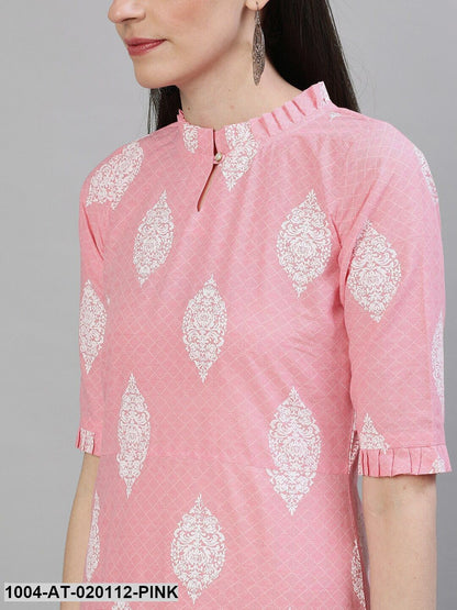 Pink & White Printed Straight Kurta