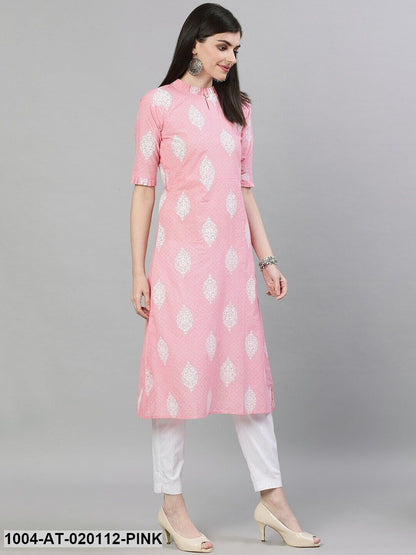 Pink & White Printed Straight Kurta