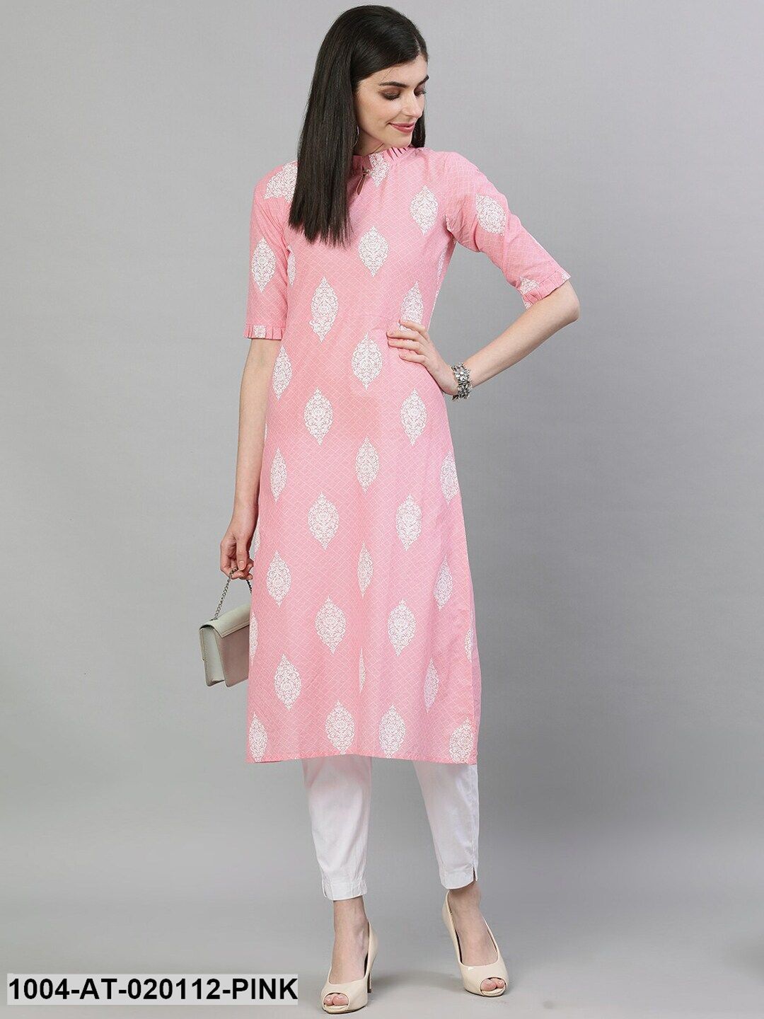 Pink & White Printed Straight Kurta
