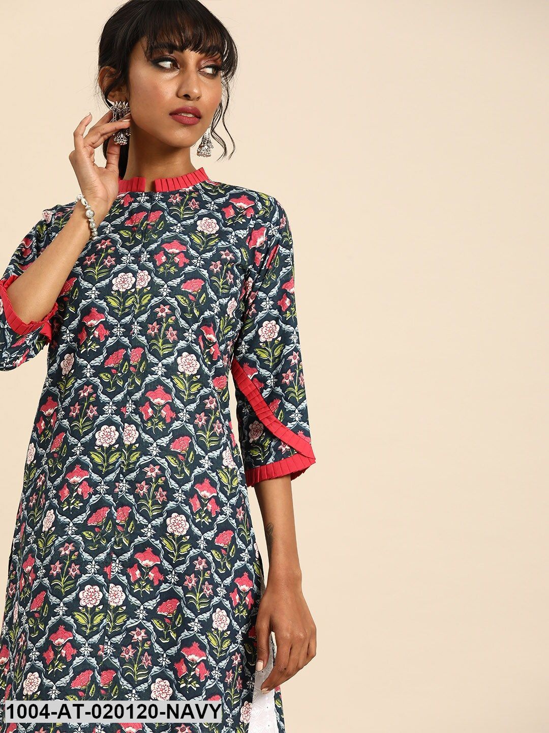 Navy Blue & Pink Printed Straight Kurta With Pleated Sleeves