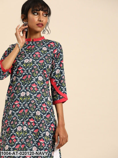 Navy Blue & Pink Printed Straight Kurta With Pleated Sleeves