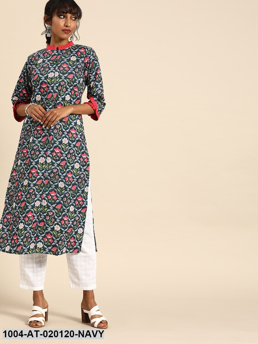 Navy Blue & Pink Printed Straight Kurta With Pleated Sleeves