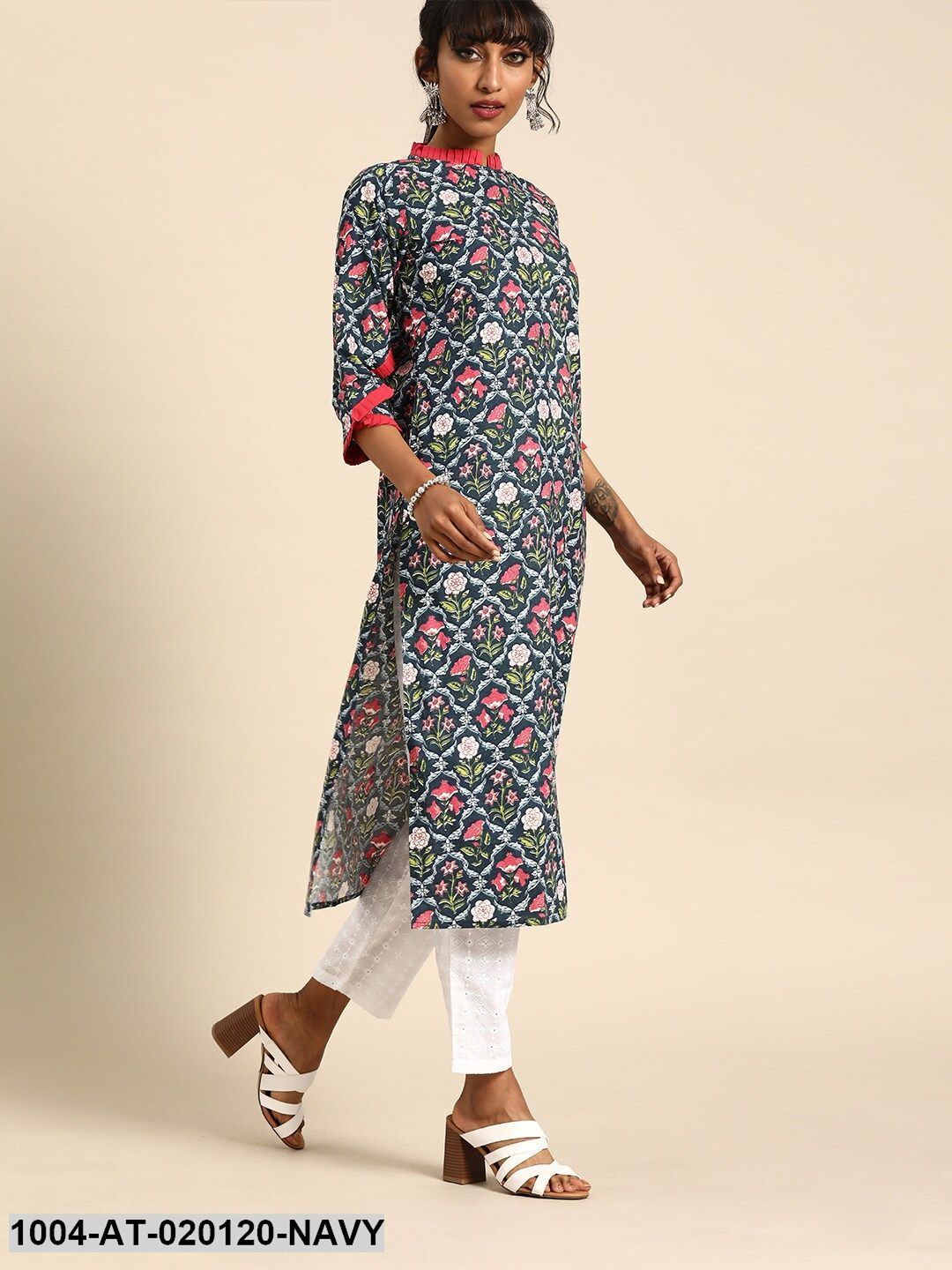 Navy Blue & Pink Printed Straight Kurta With Pleated Sleeves