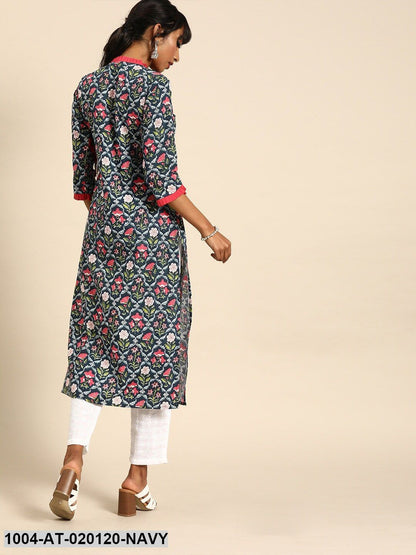Navy Blue & Pink Printed Straight Kurta With Pleated Sleeves