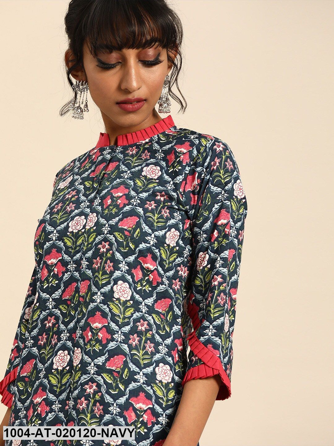 Navy Blue & Pink Printed Straight Kurta With Pleated Sleeves