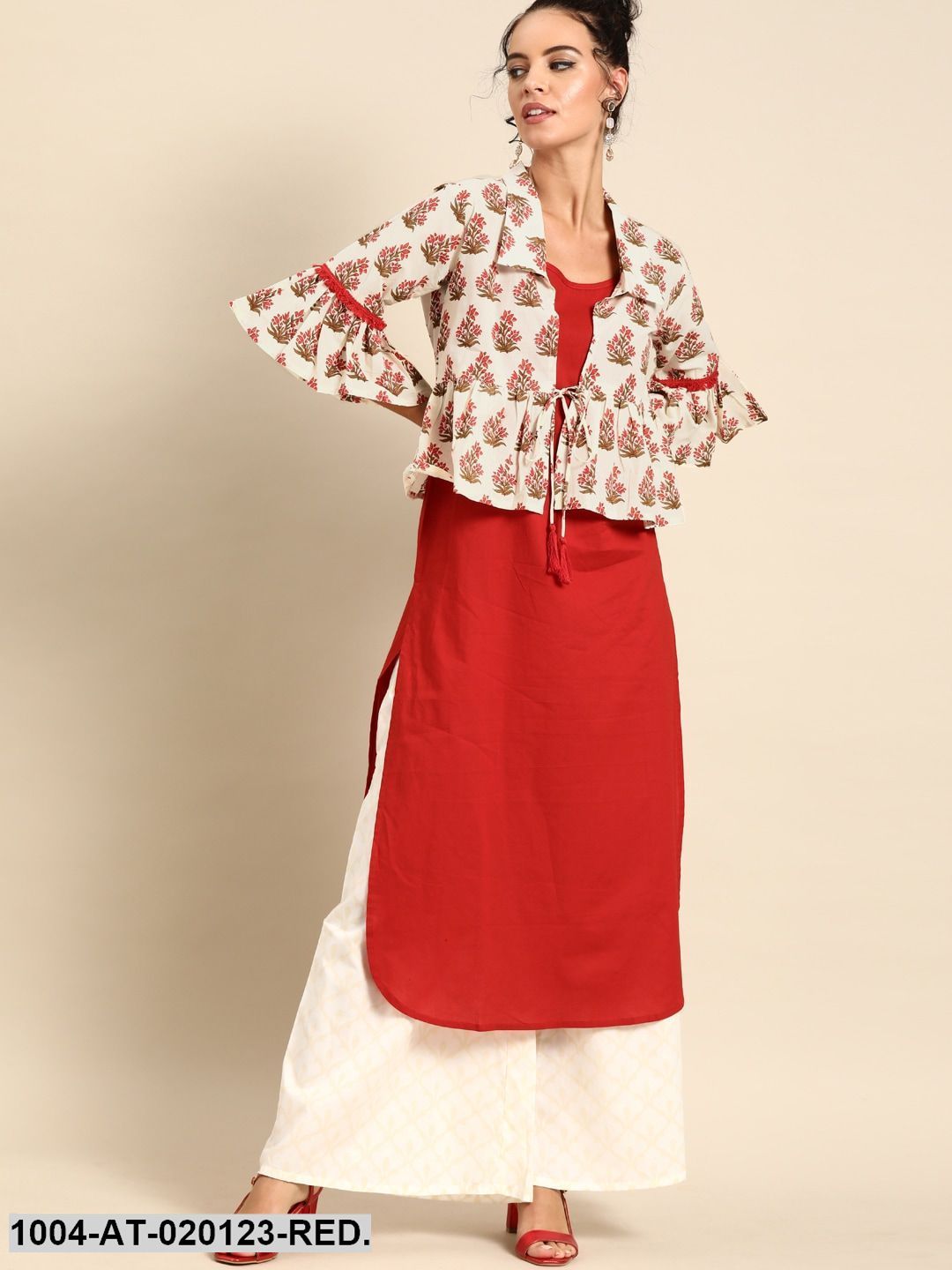 Red & Off-White Printed Straight Layered Fusion Kurta With Ethnic Jacket